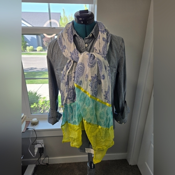 NWT OLD NAVY COTTON LIGHTWEIGHT SCARF WRAP BLUE PAISLEY TEAL YELLOW WOMEN OS - Picture 5 of 12